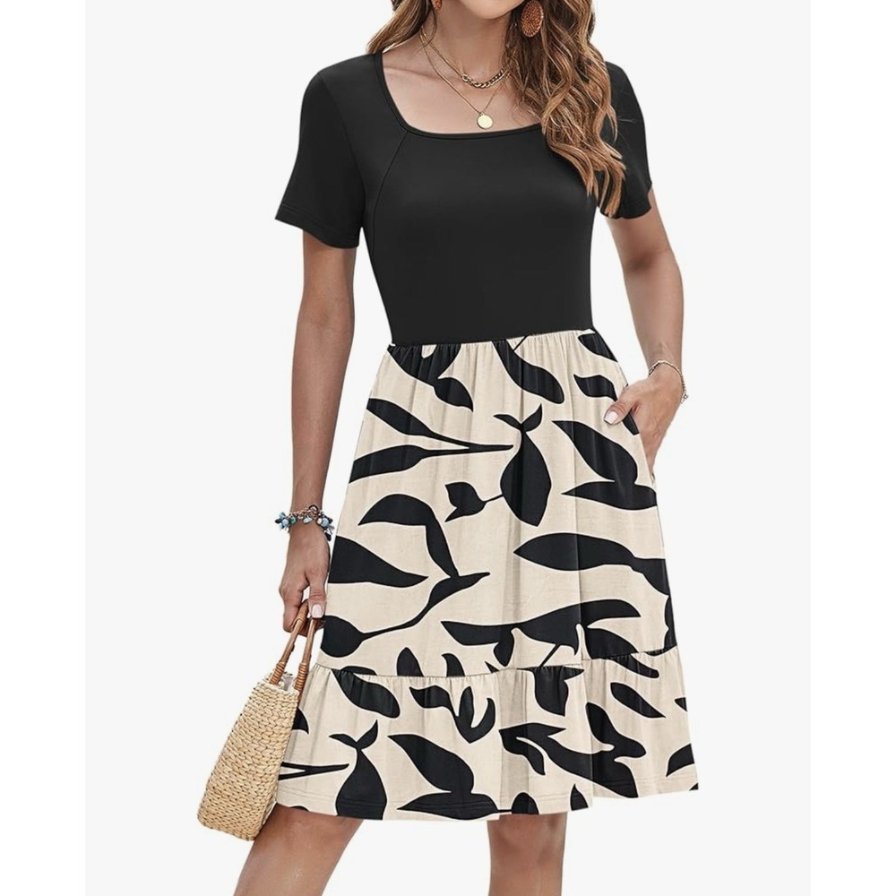 AUSELILY Ruffle Sundress- NWT- Apricot Black Leaf Size XL